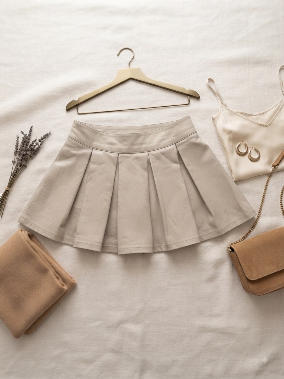 AKIRA Cream Faux Leather Pleated Mini Skort Size M Built-In Shorts